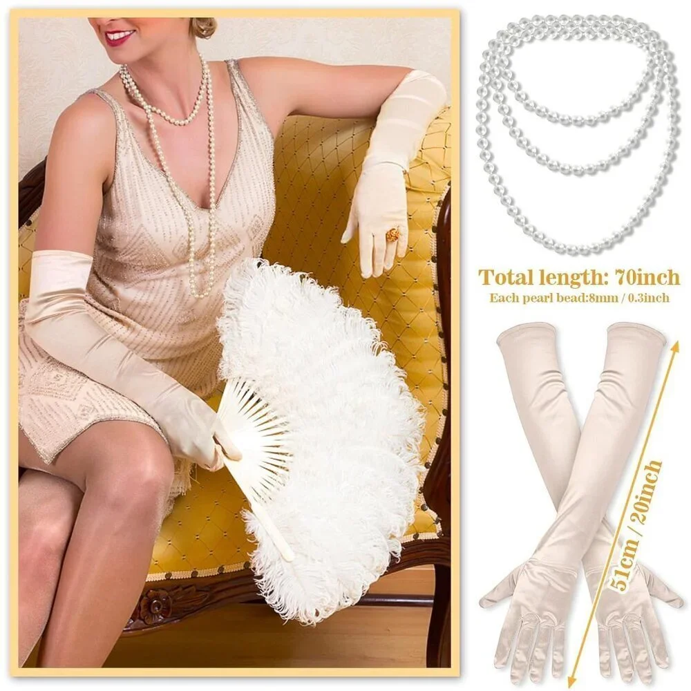 Flapper Accessories 1920s Gatsby Headband Necklace Gloves for Women